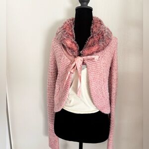 Pandemonium Pink Fuzzy Knit Cardigan Y2K Vintage With Bow Tie Size Medium